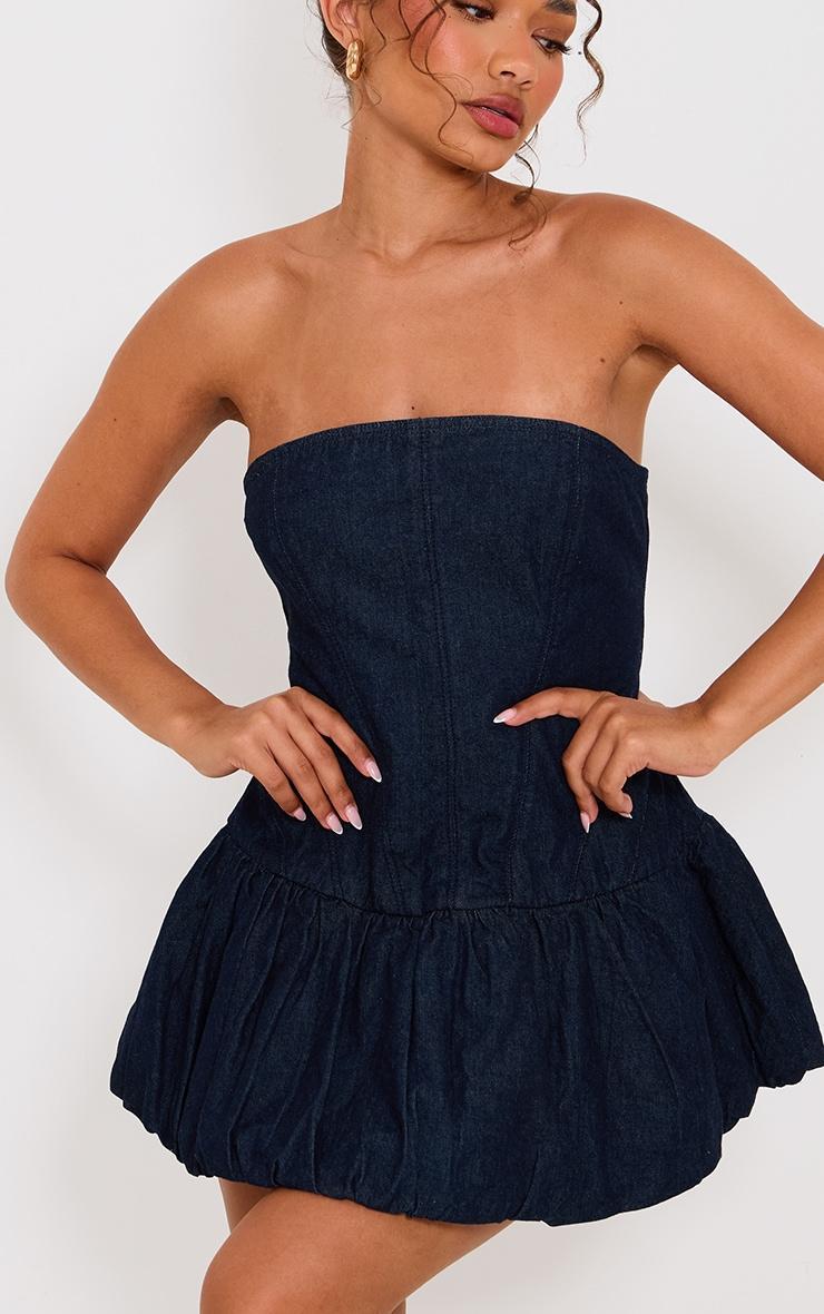 Petite Dark Blue Denim Puffball Mini Dress Product Image