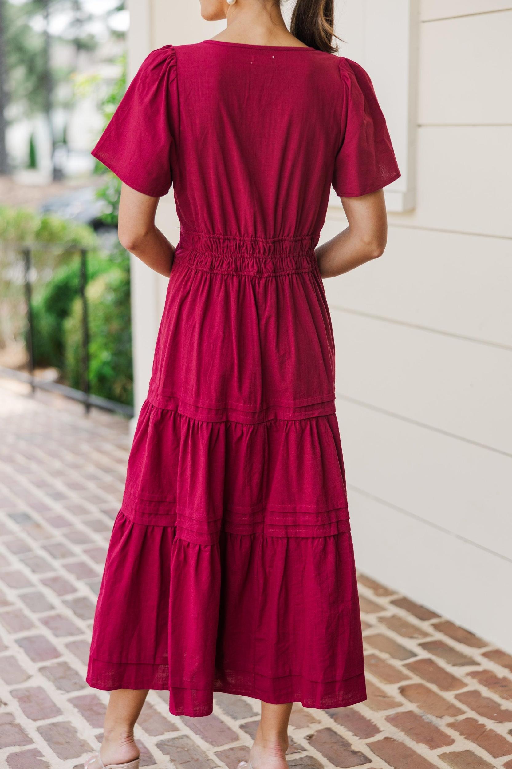 It's In The Air Burgundy Red Tiered Midi Dress Female Product Image