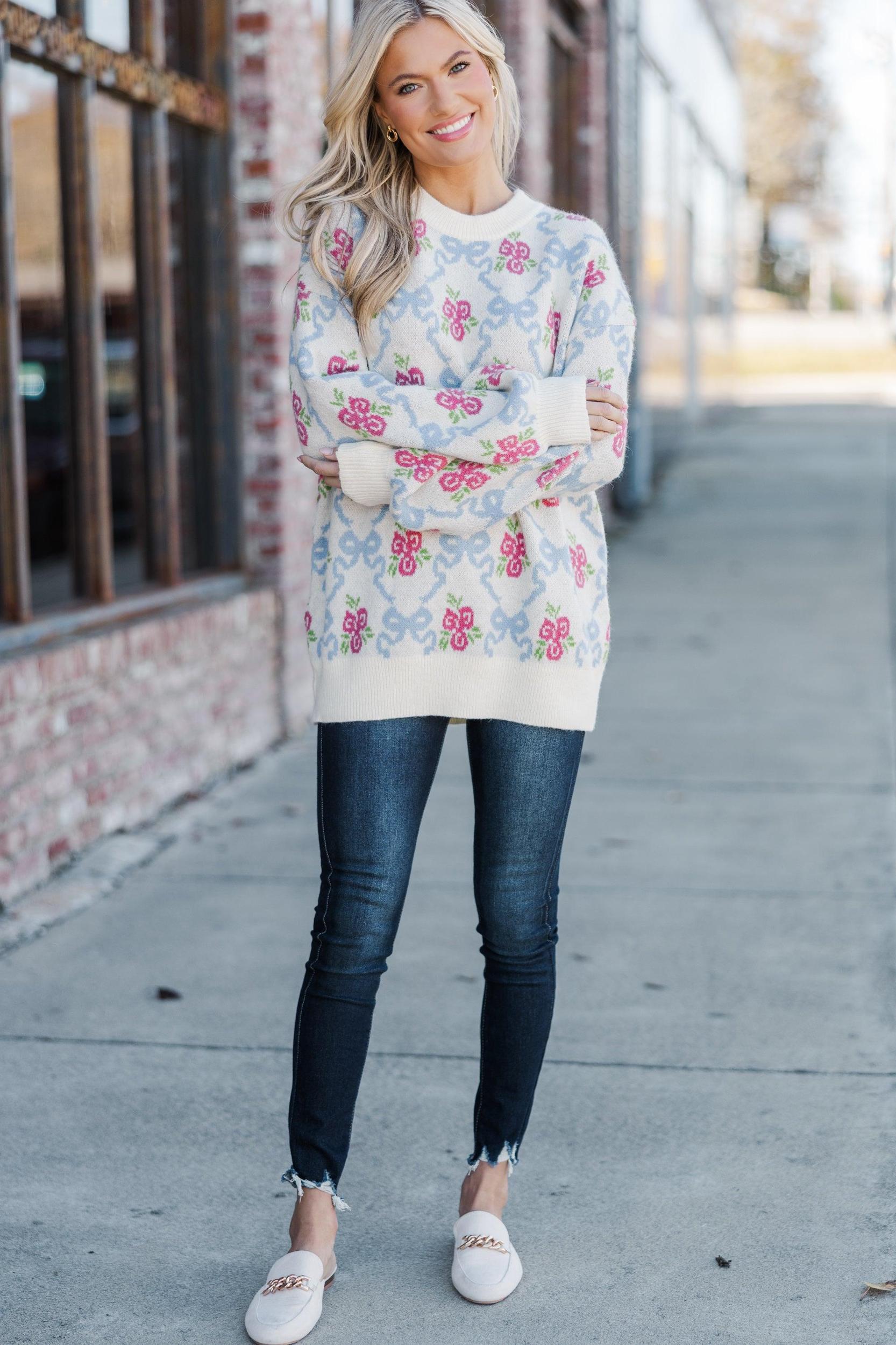 Work It Cream White Floral Sweater Female Product Image