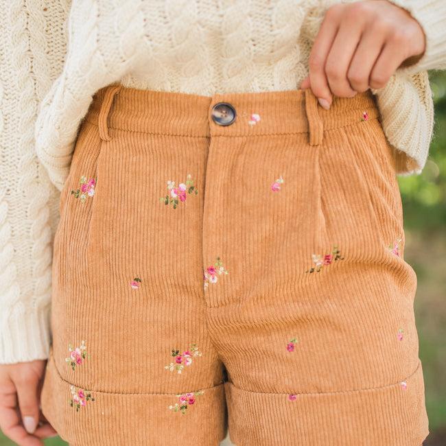 So Glad We're Buds Brown Floral Embroidered Corduroy Shorts FINAL SALE Product Image