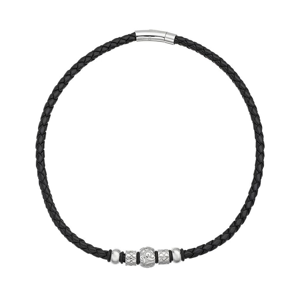 Stainless Steel and Leather Bead Necklace - Men, Mens Black Product Image