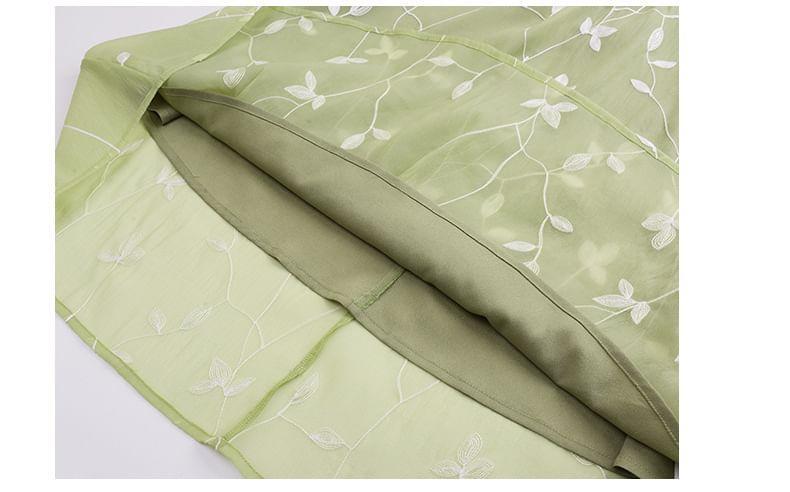 Short-Sleeve Leaf Embroidered Midi A-Line Dress Product Image