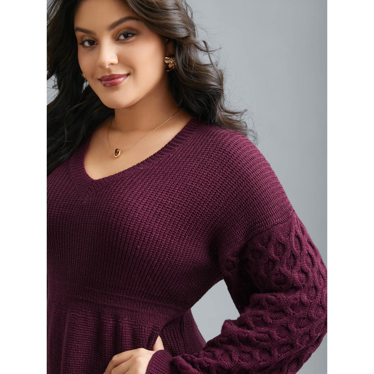 Plus Size Plain Ribbed Knit Waist Cinched Pullover Burgundy Women Elegant Bodycon Long Sleeve V-neck Everyday Pullovers BloomChic 18-20/2X Product Image