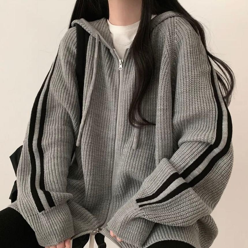 Striped Hooded Oversized Zip Cardigan Product Image