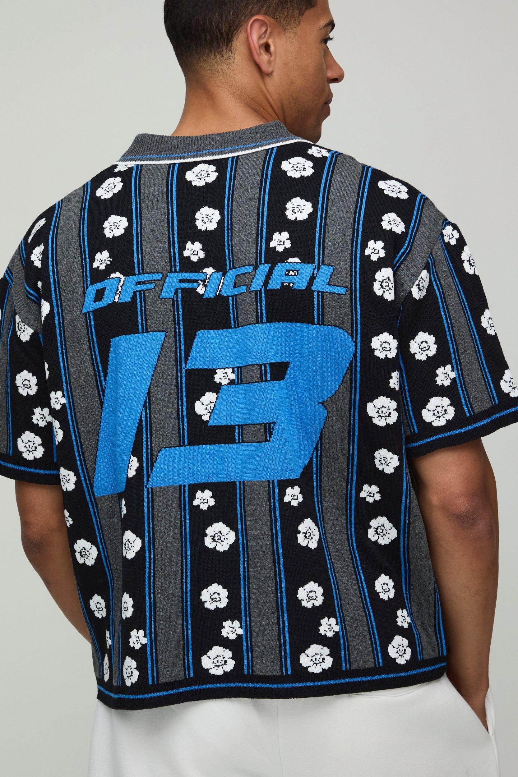 Oversized Boxy Varsity Jacquard Knitted Polo | boohooMAN USA Product Image