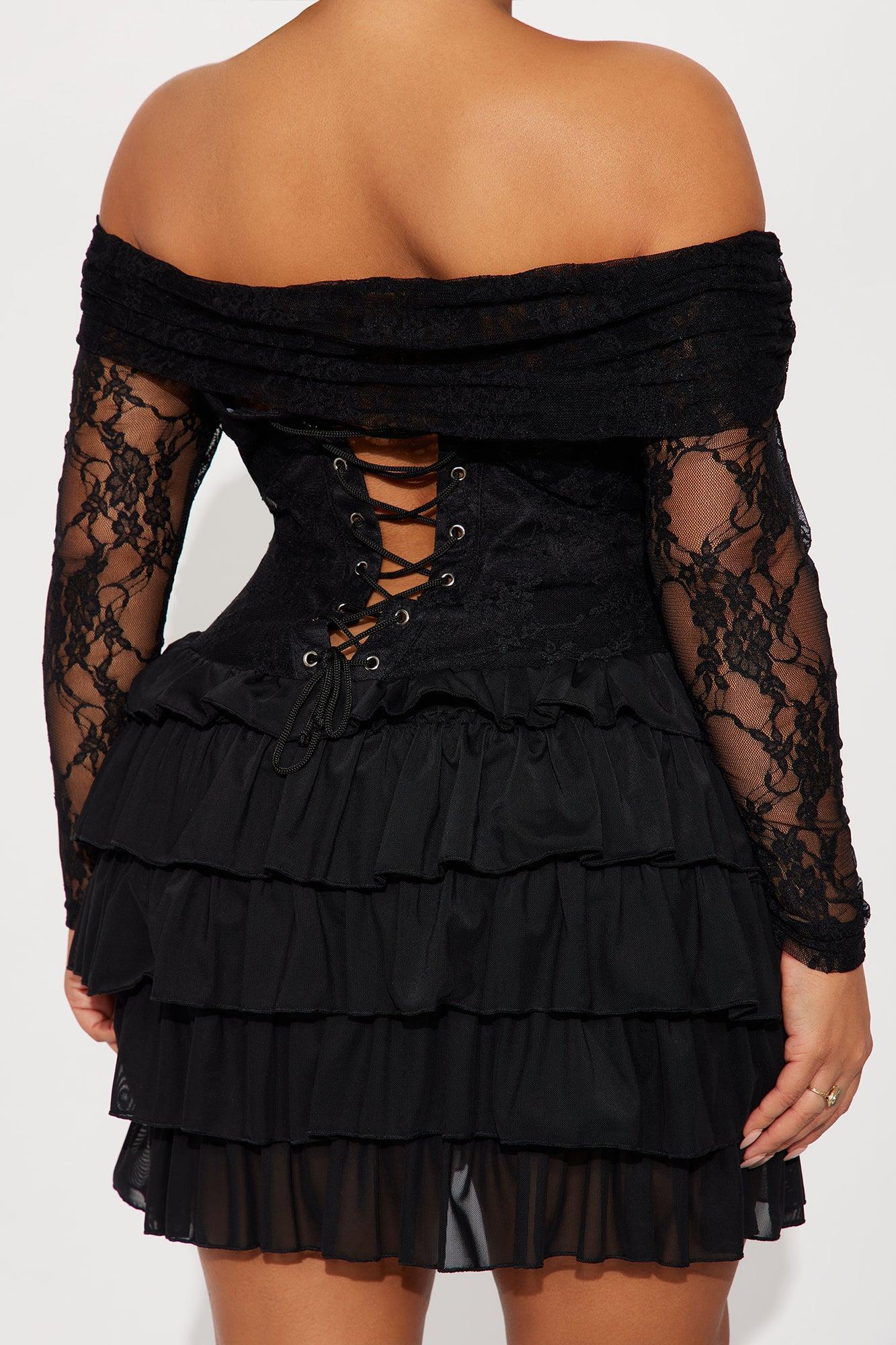 Elsie Ruffle Lace Mini Dress - Black Product Image