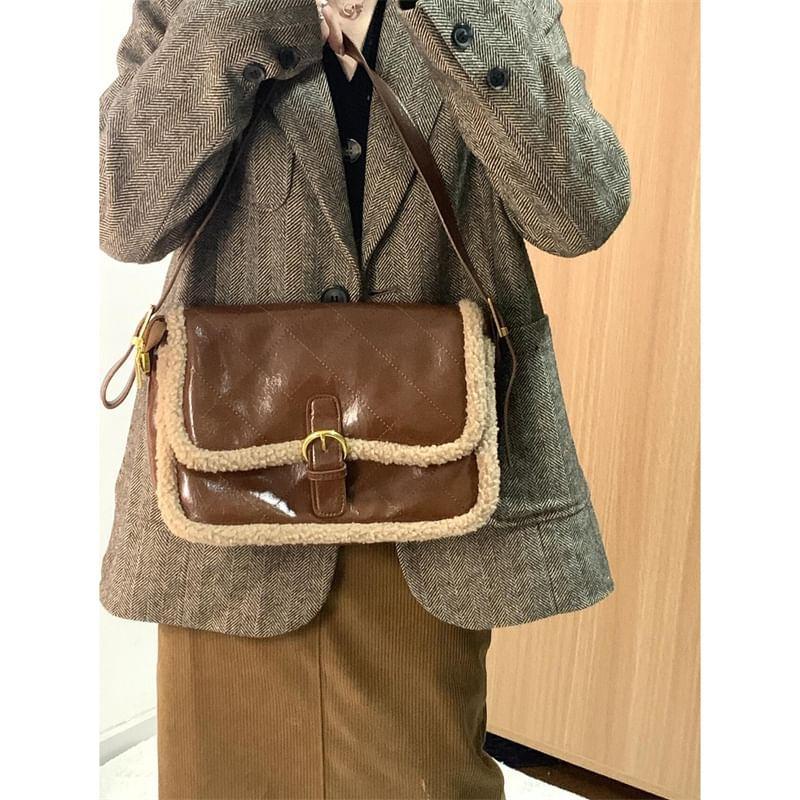 Fleece Trim Buckled Faux Leather Shoulder Bag Product Image
