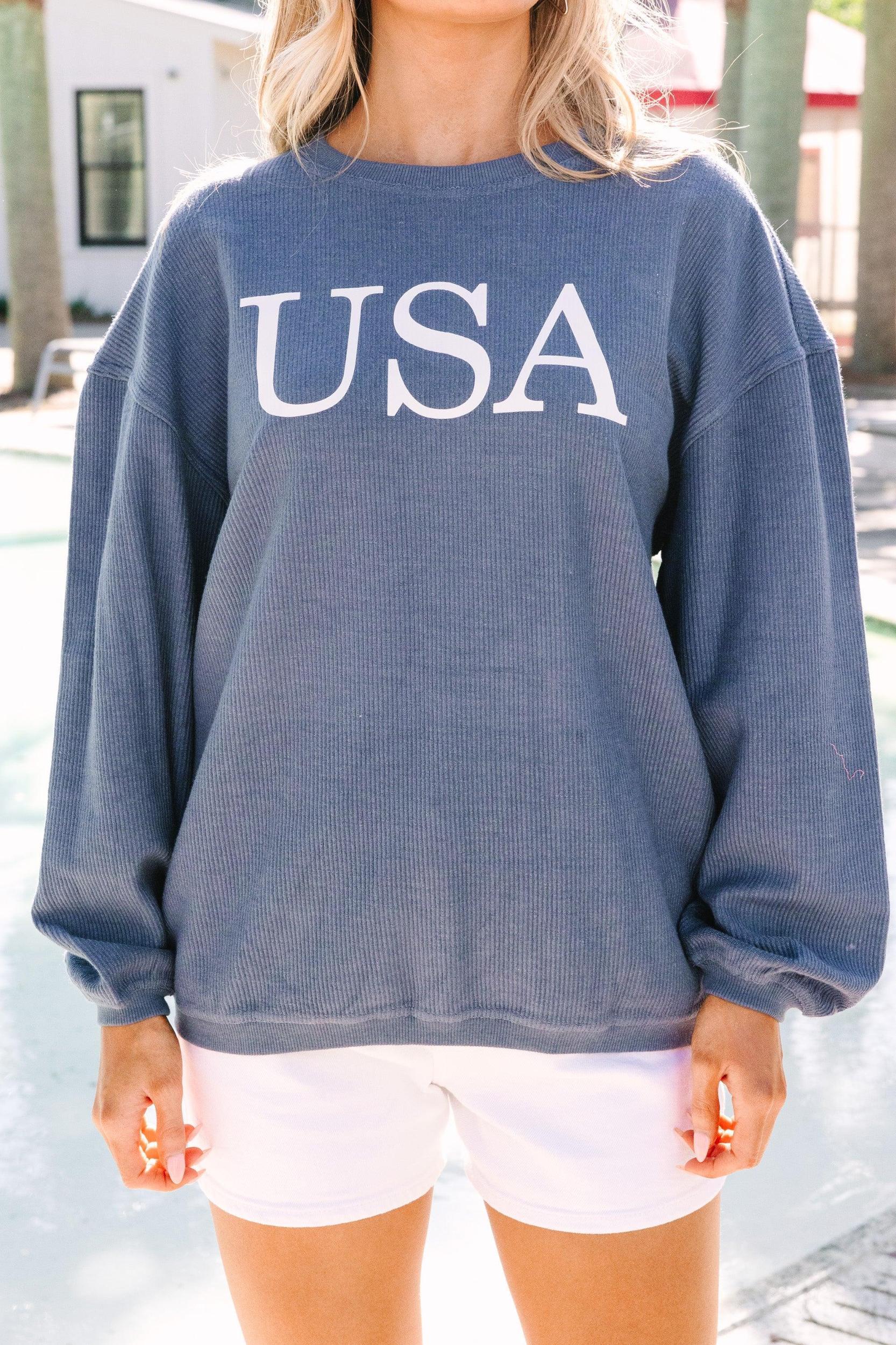 USA Navy Blue Corded Graphic Sweatshirt Female Product Image