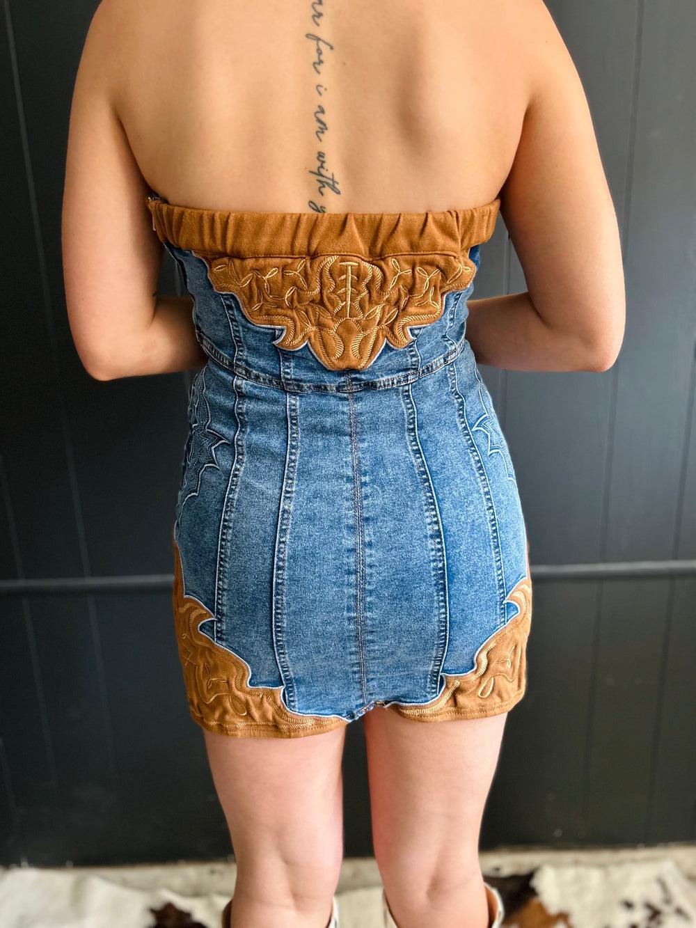 Stone Wash Boot Stitch Embroidery Patch Strapless Denim Dress Product Image