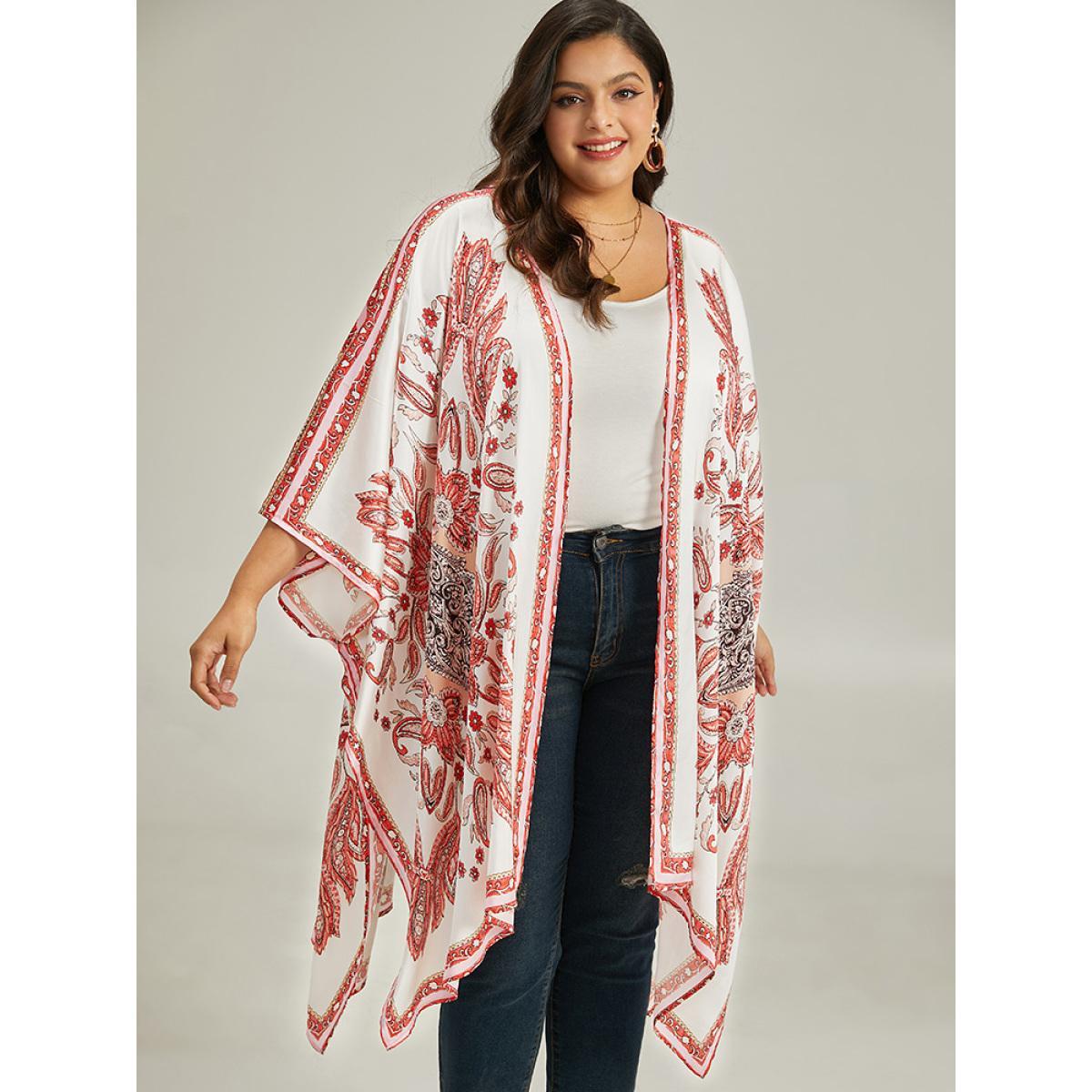 Plus Size Paisley Print Asymmetrical Hem Drape Kimono Women Brown Casual Drape Loose Dailywear Kimonos BloomChic 14-16/1X Product Image