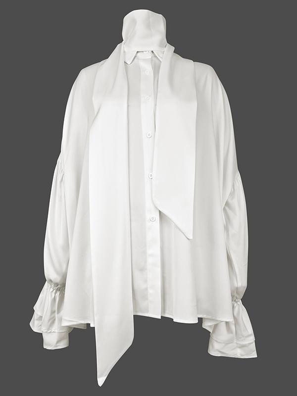 Flared Sleeves Long Sleeves Double Layered Elasticity Solid Color Tied V-Neck Blouses&Shirts Tops Product Image