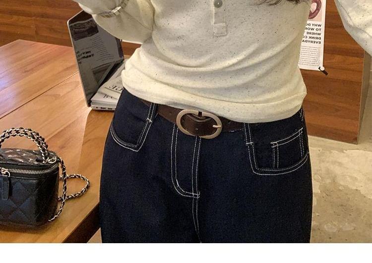 Long-Sleeve Crew Neck Plain Half-Buttoned Slim Fit Tee Product Image