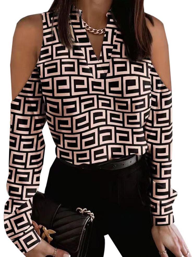 Casual Long Sleeves Loose Contrast Color Hollow V-Neck Blouses&Shirts Tops Product Image