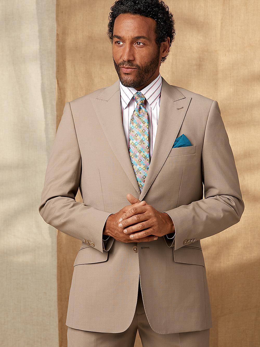 Wool Stretch Bengaline Peak Lapel Suit Jacket - Light Tan Product Image