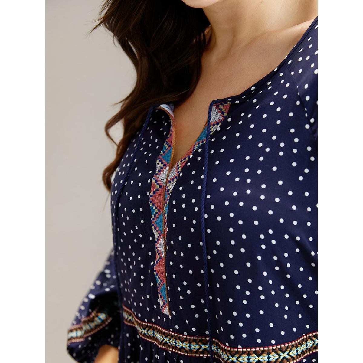Plus Size Indigo Polka Dot Bandana Trim Ties Blouse Women Resort Long Sleeve Tie Neck Vacation Blouses BloomChic 28/5X Product Image