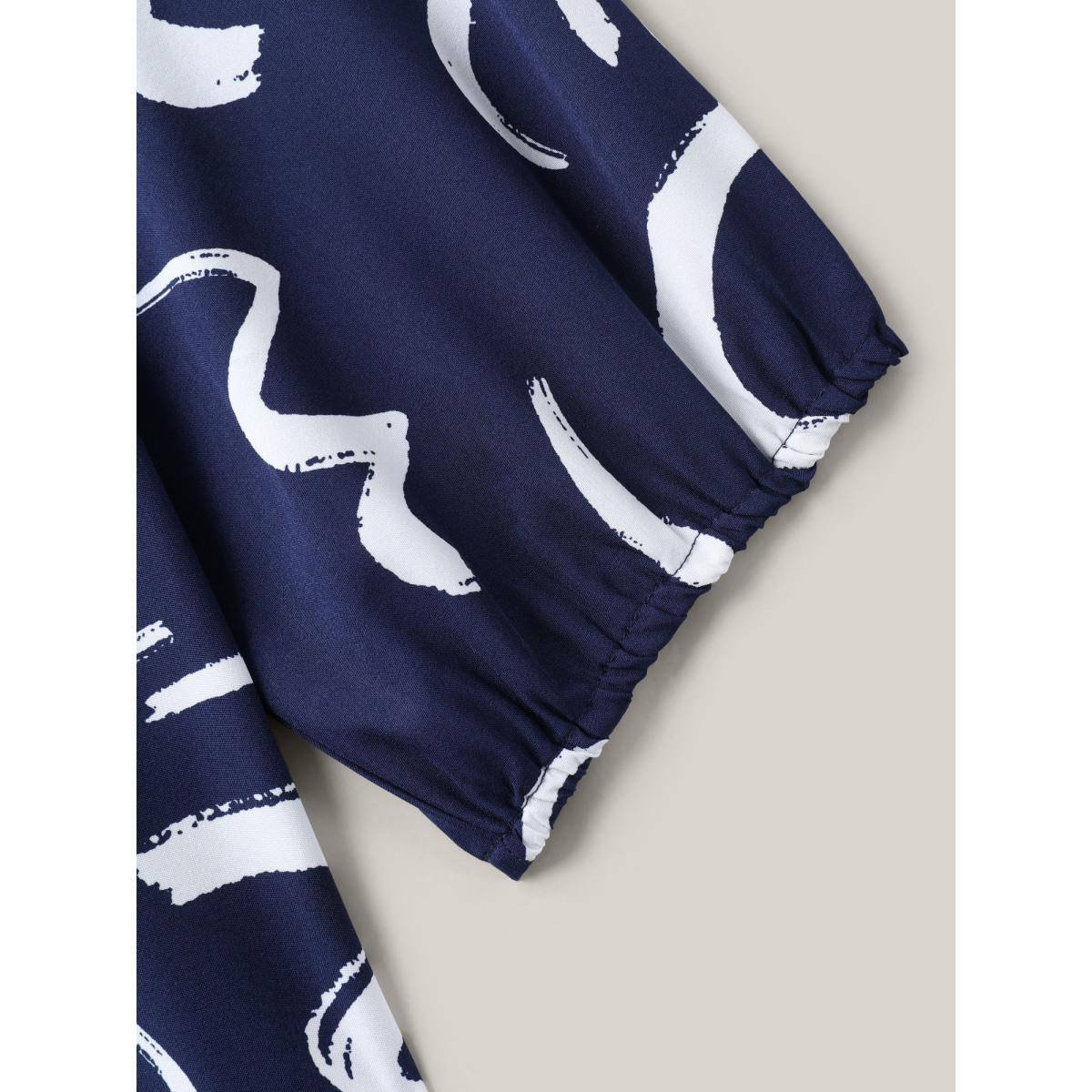 Plus Size Indigo Scribble Print Ruffled Split Neck Blouse Women Elbow-length sleeve Notched collar Work Blouses BloomChic 30/6X Product Image
