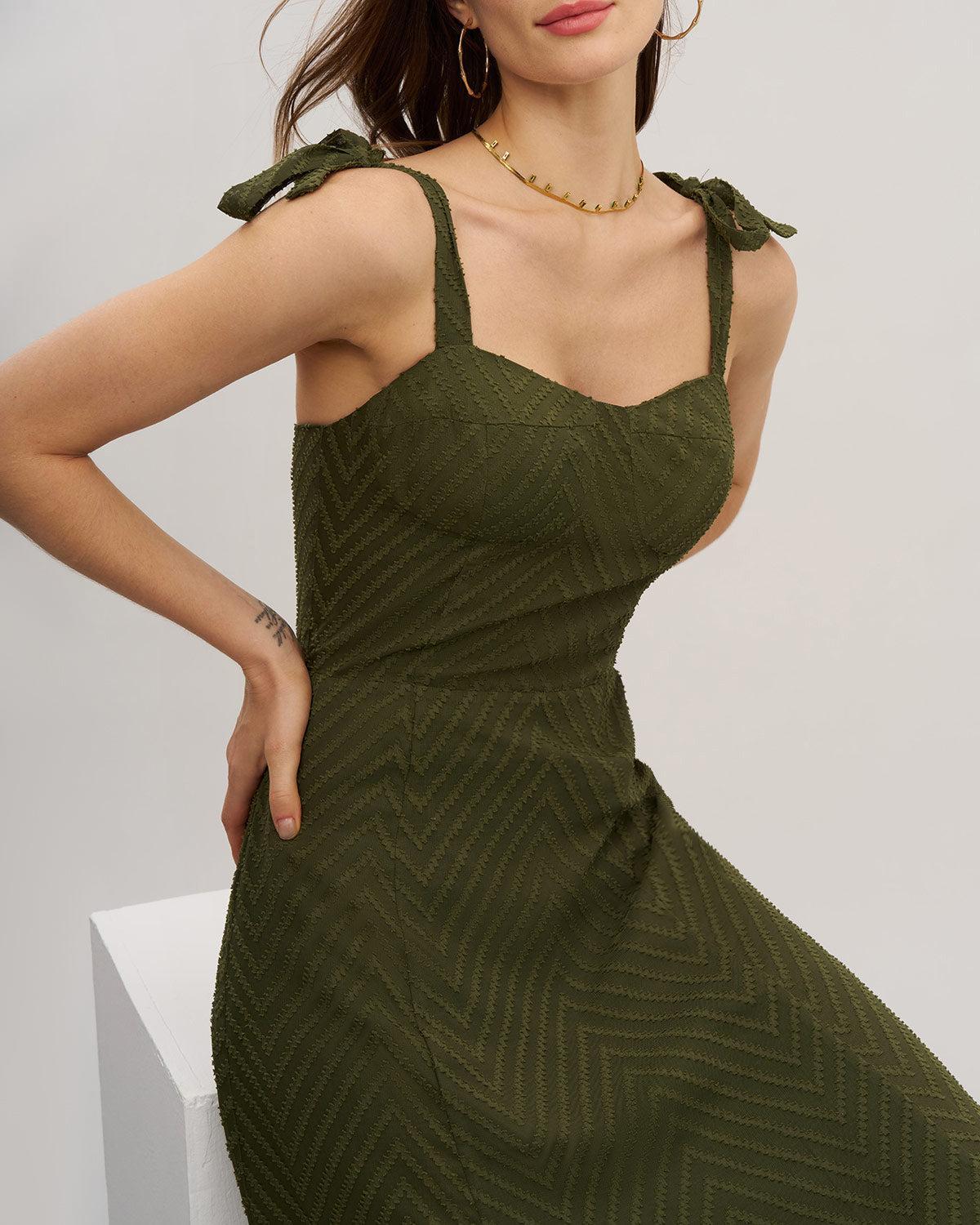 Green Sweetheart Neck Tie Strap Midi Dress Product Image