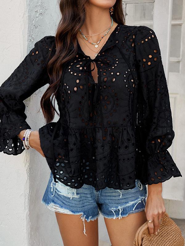 Long Sleeves Loose Elasticity Hollow Pleated Solid Color Tied Round-Neck Blouses&Shirts Tops Product Image