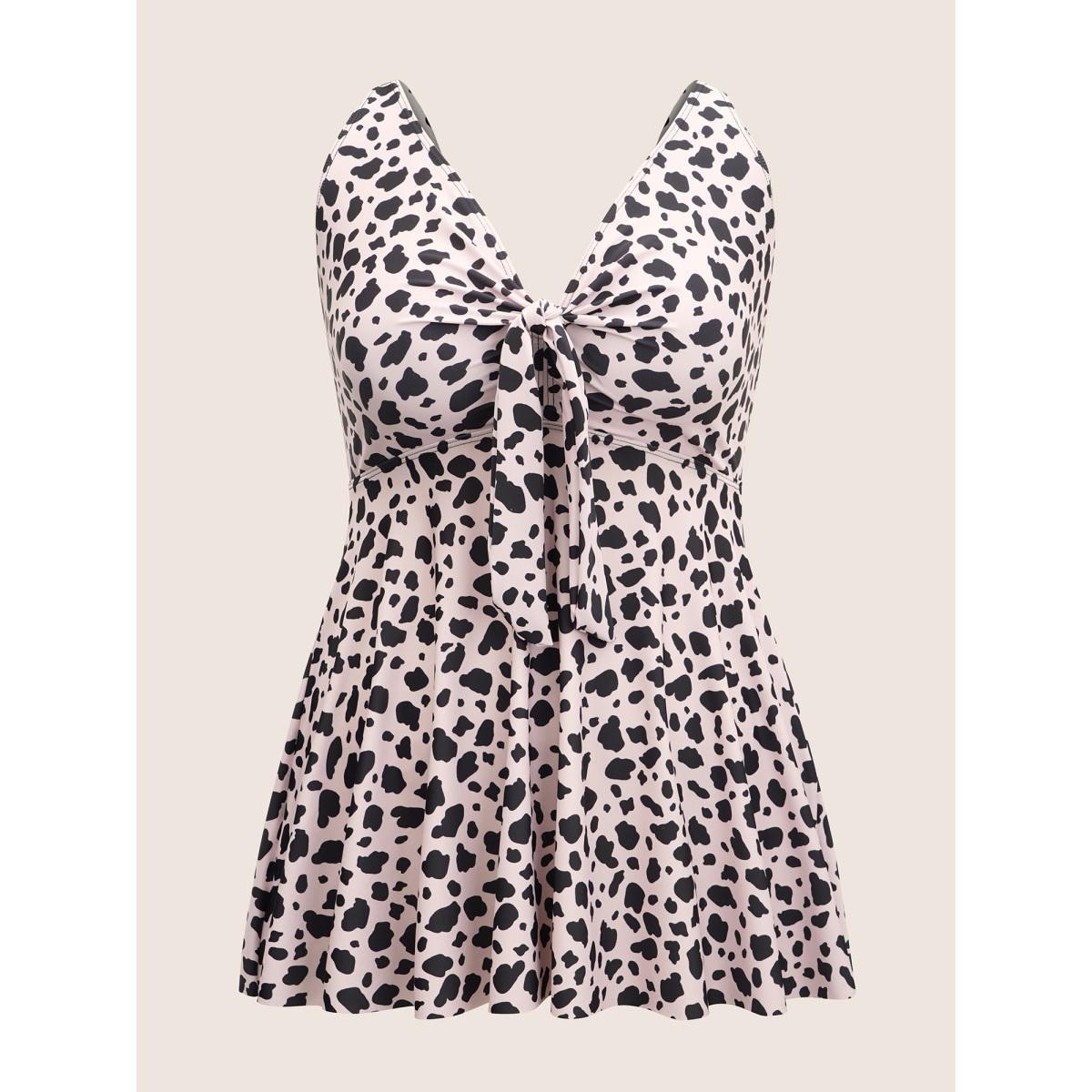 Plus Size Leopard Bowknot Front Waistline Inside Swim Top Women's Swimwear Apricot Beach Non High stretch Bodycon V-neck Curve Swim Tops BloomChic 28/5X Product Image