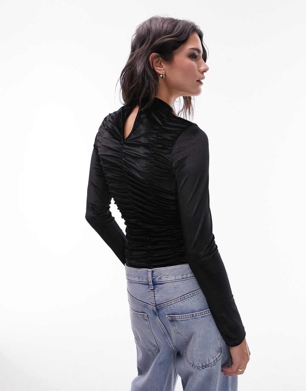 Topshop long sleeve ruched velvet top Product Image
