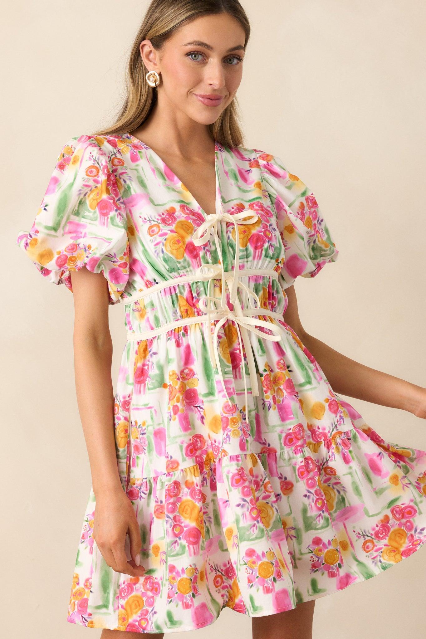 Yours Truly Pink Floral Cotton Puff Sleeve Mini Dress Product Image