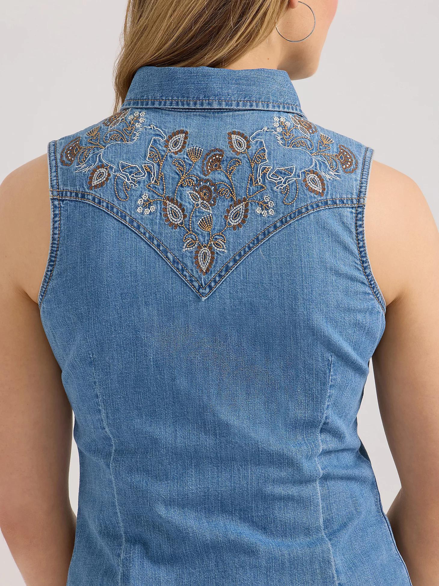 Women's Wrangler Embellished Denim Sleeveless Snap Shirt | Women's TOPS | Wrangler® Product Image