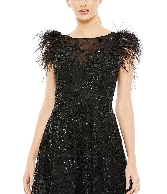 Mac Duggal Sequin Embellished Illusion Boat Neck Feather Shoulder Sleeveless Dress Product Image