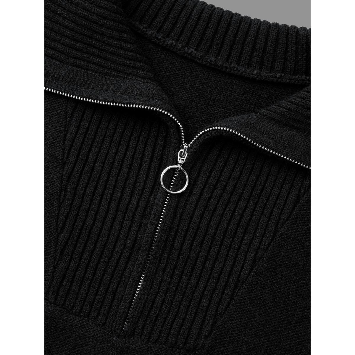 Plus Size Texture Half Zip Drop Shoulder Pullover Black Women Casual Loose Long Sleeve Polo Everyday Pullovers BloomChic 22-24/3X Product Image