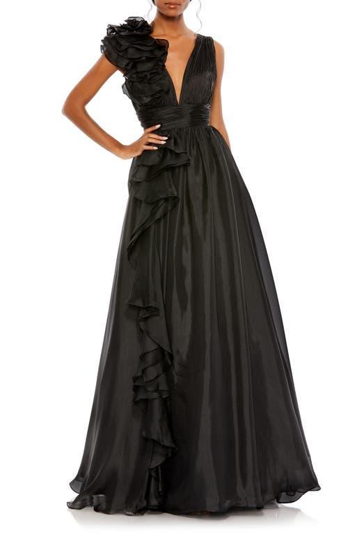 Mac Duggal Ruffle Shoulder V-Neck Chiffon Gown Product Image