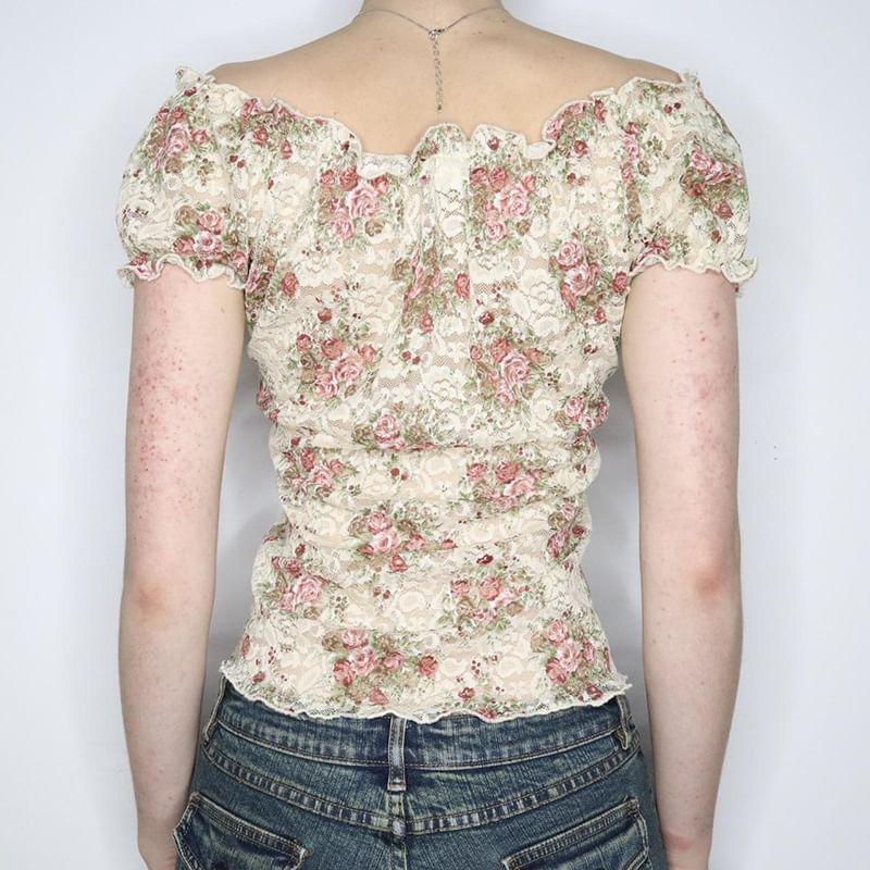 Short Sleeve Off-Shoulder Floral Print Lace Slim-Fit Crop Top Product Image