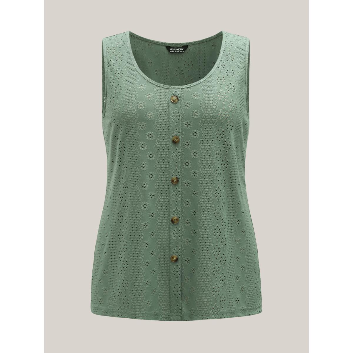 Plus Size Cut-Out Textured Button Detail Tank Top Women Greenbean Texture Round Neck Everyday-Casual Tank Tops Camis BloomChic 10/M Product Image