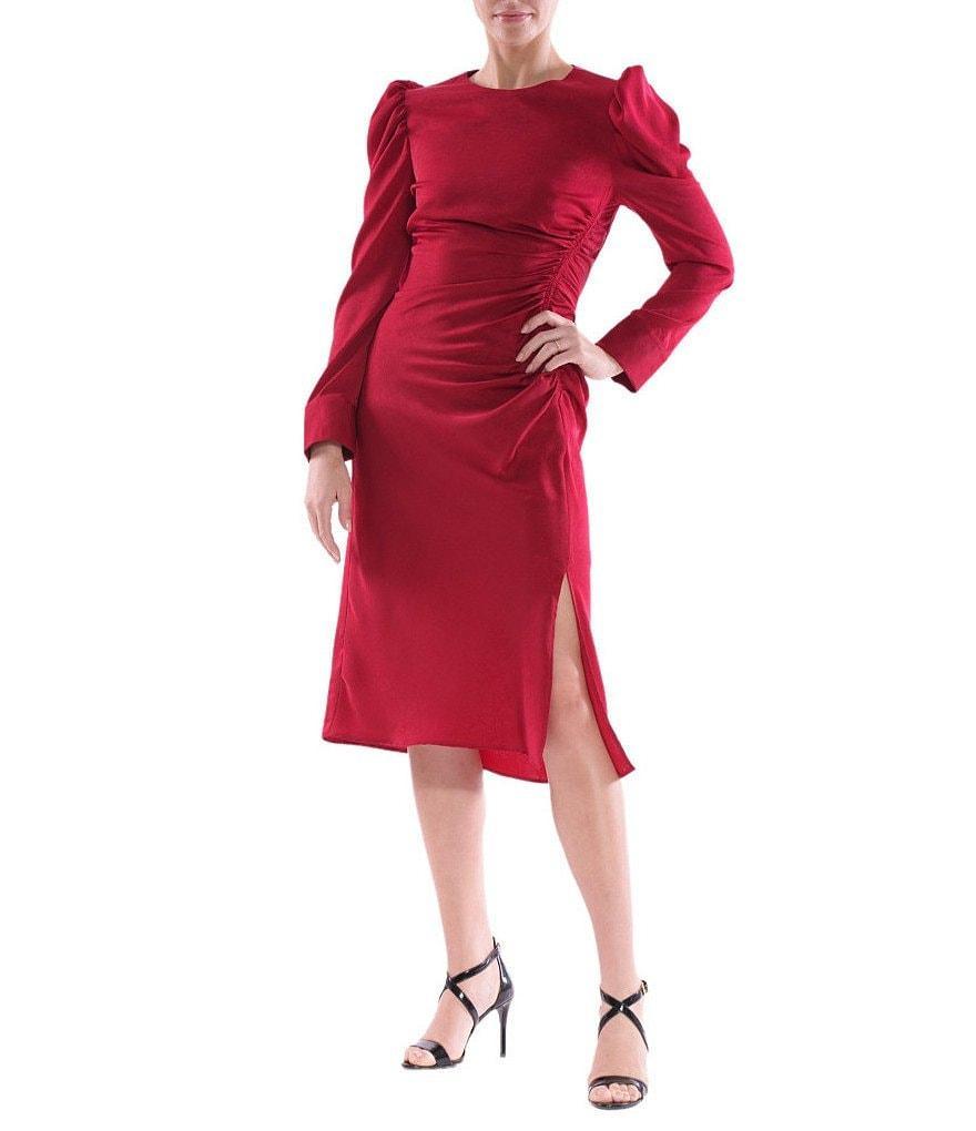 Julia Jordan Crinkle Jacquard Crew Neck Puff Shoulder Long Sleeve Gathered Midi Dress Product Image