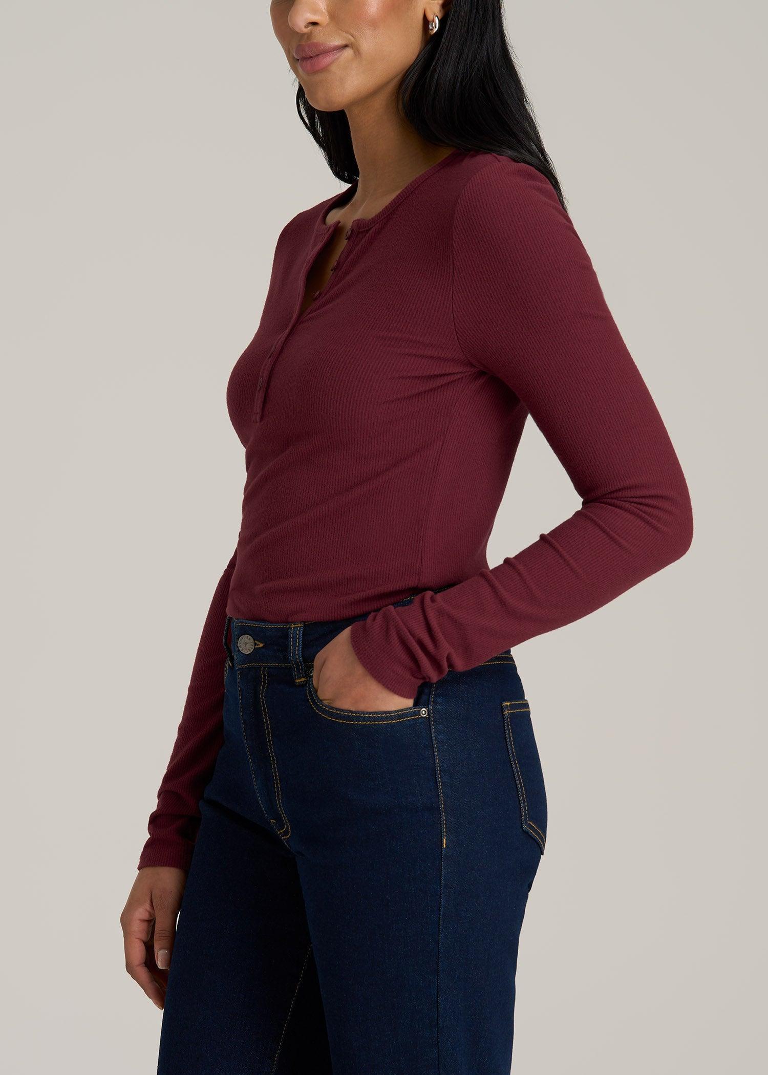 Long Sleeve Ribbed Crewneck Women's Tall Henley Shirt in Red Ochre Product Image
