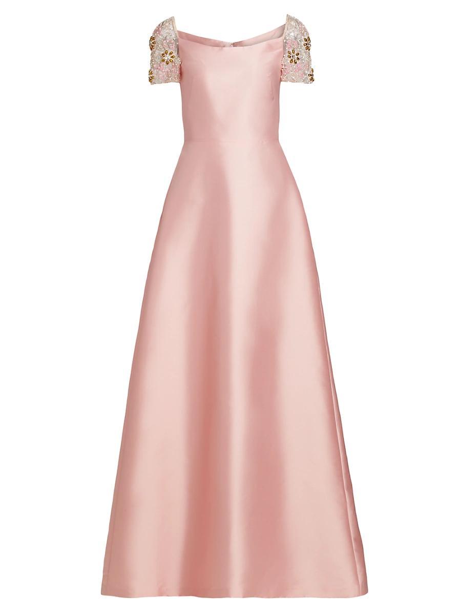 Womens Embellished-Sleeve Satin A-Line Gown Product Image