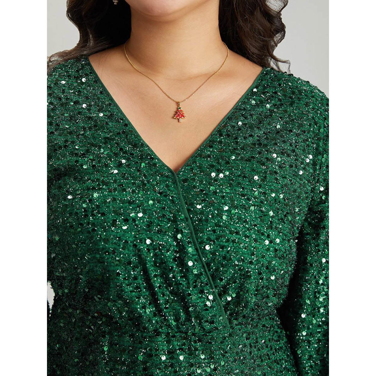 Plus Size Sequin Overlap Collar Elastic Waist Knee Dress DarkGreen Women Cocktail Wrap Overlap Collar Elbow-length sleeve Curvy Knee Dress BloomChic 28/5X Product Image