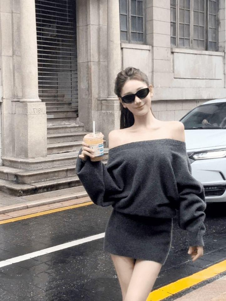 Off-Shoulder Plain Ribbed Mini Sweater Dress Product Image