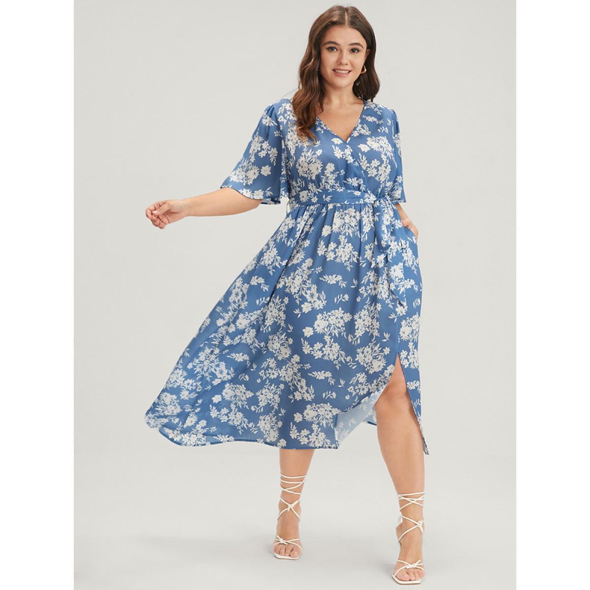 Plus Size Floral Pocket Button Ties Ruffled Split Wrap Midi Dress Stone Women Elegant Printed V-neck Half Sleeve Curvy Midi Dress BloomChic 18-20/2X Product Image