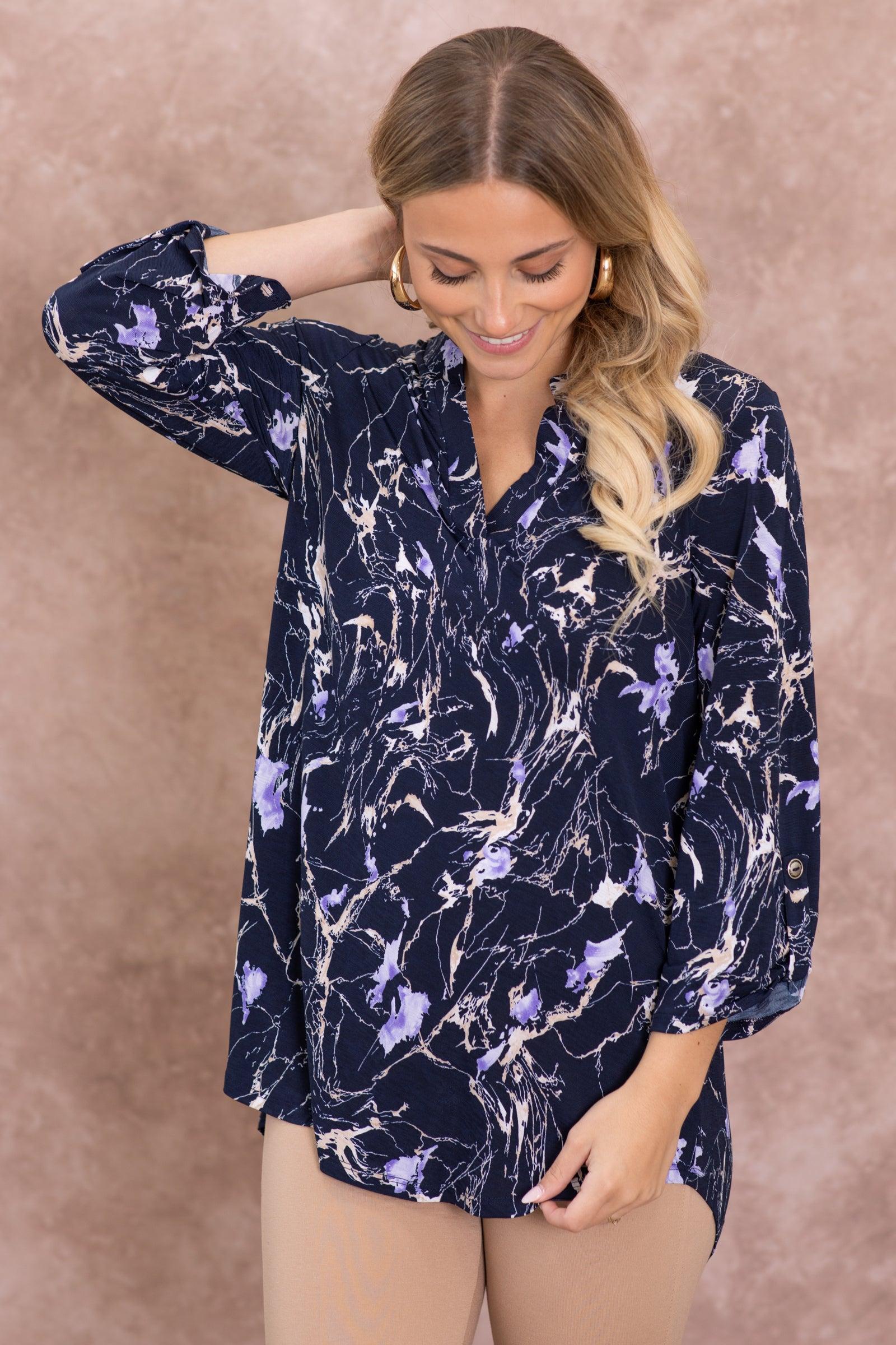 Navy And Violet Printed Wrinkle Free Lizzy Top Product Image