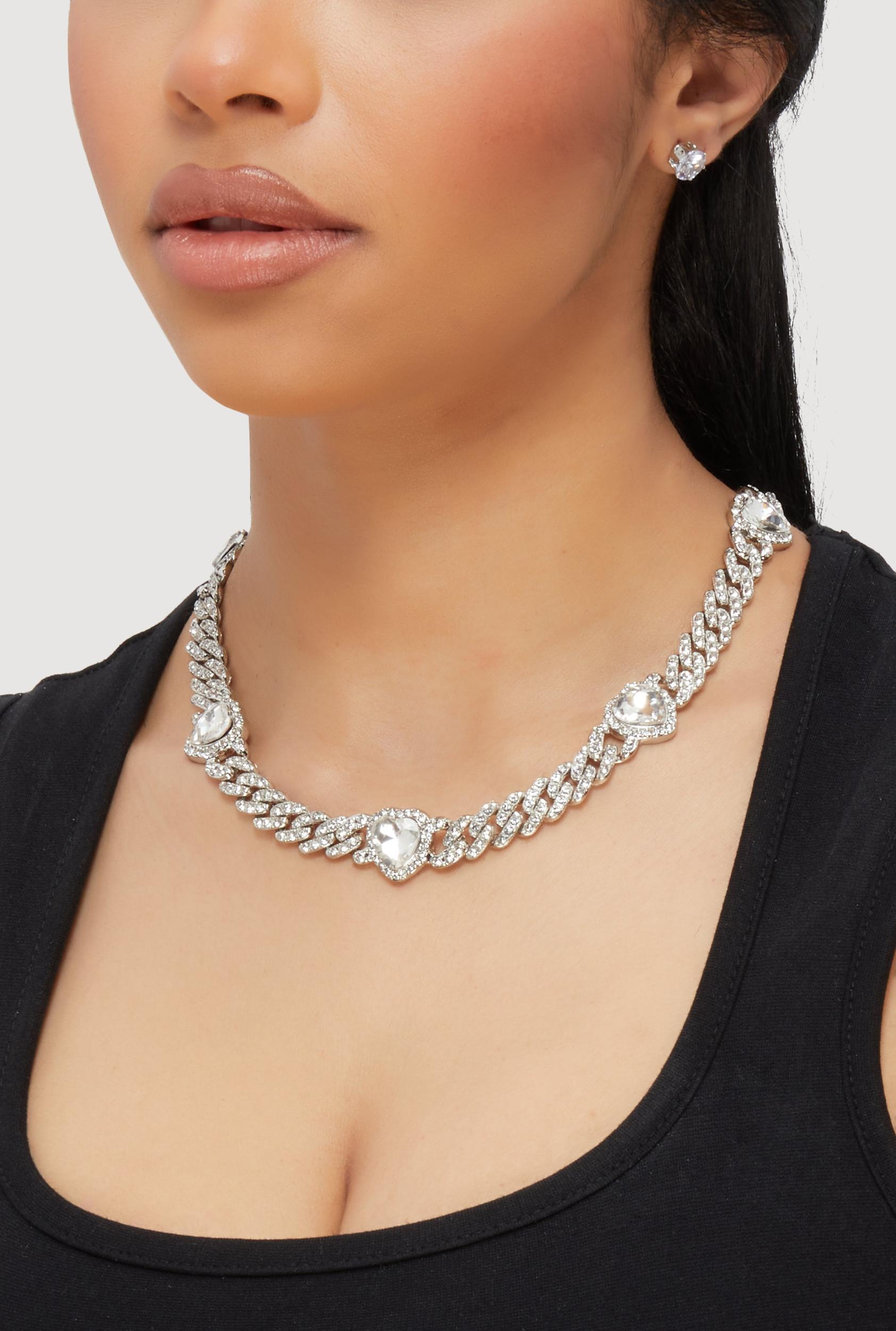 Cubic Zirconia Heart Chain Necklace and Earrings Female Product Image