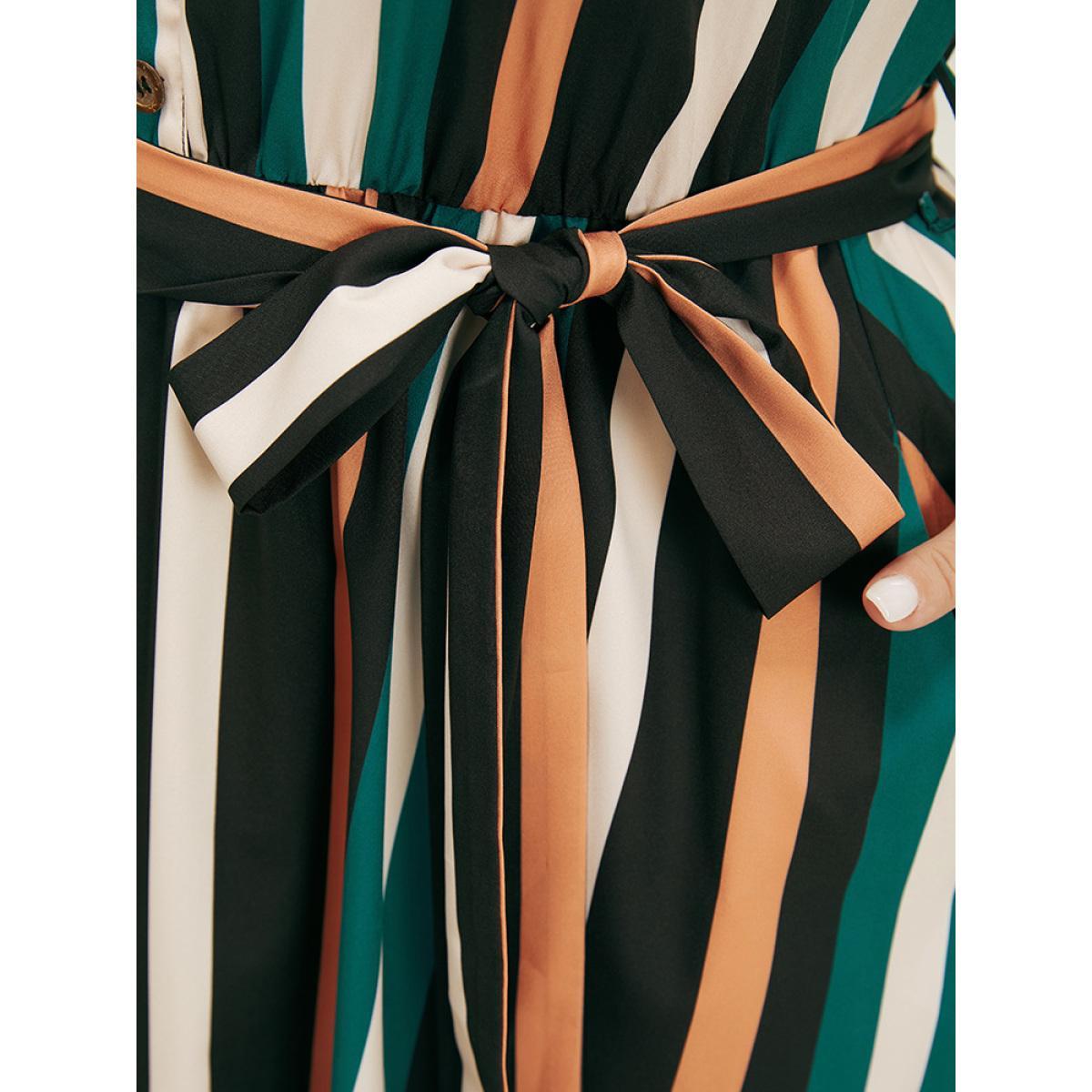 Plus Size Striped Contrast Button Detail Belt Pocket Notched Dress Multicolor Women Office Belted Notched collar Short sleeve Curvy Midi Dress BloomChic 18-20/2X Product Image