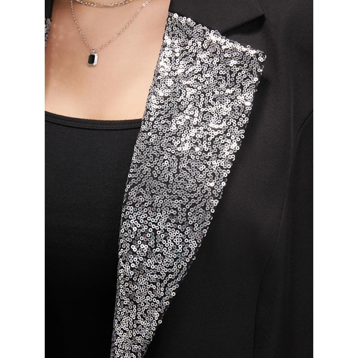 Plus Size Contrast Sequin Suit Collar Flap Pocket Blazer Black Women Going out Plain Patchwork Sleeve Long Sleeve Suit Collar 10/M Pocket Party Blazers BloomChic Product Image