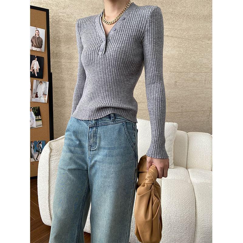 Long-Sleeve V-Neck Mock Two-Piece Plain Slim Fit Knit Top Product Image