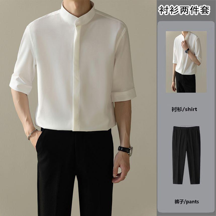 Elbow-Sleeve Plain Shirt / High Waist Cropped Tapered Pants / Set Product Image