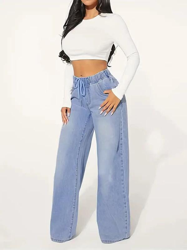 High Waisted Loose Drawstring Elasticity Split-Joint Jean Pants Bottoms Product Image