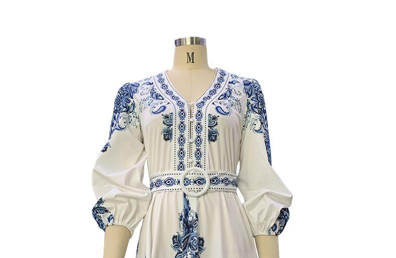 Puff-Sleeve V-Neck Print A-Line Tunic Dress Product Image