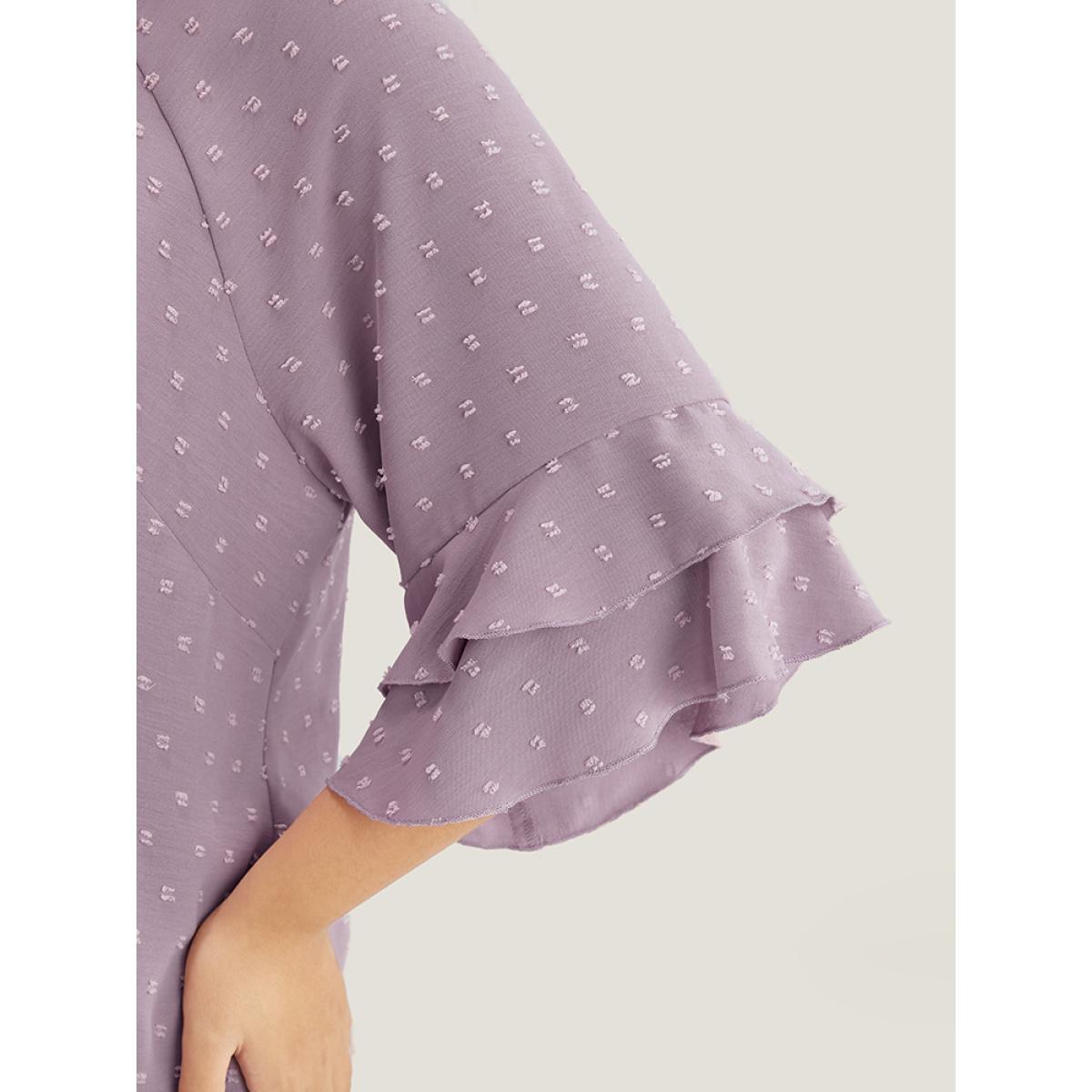 Plus Size Mauve Polka Dot Round Neck Ruffle Sleeve Blouse Women Casual Elbow-length sleeve Round Neck Dailywear Blouses BloomChic 10/M Product Image