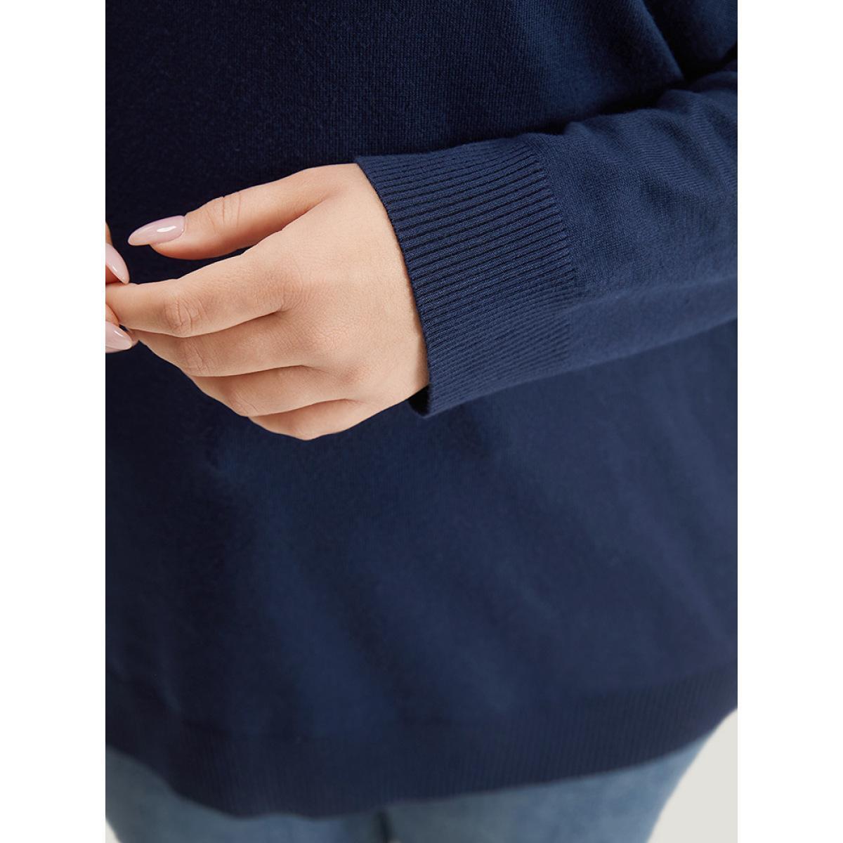 Plus Size Supersoft Essentials Contrast Trim Drop Shoulder Pullover Navy Women Casual Loose Long Sleeve V-neck Dailywear Pullovers BloomChic 12/L Product Image