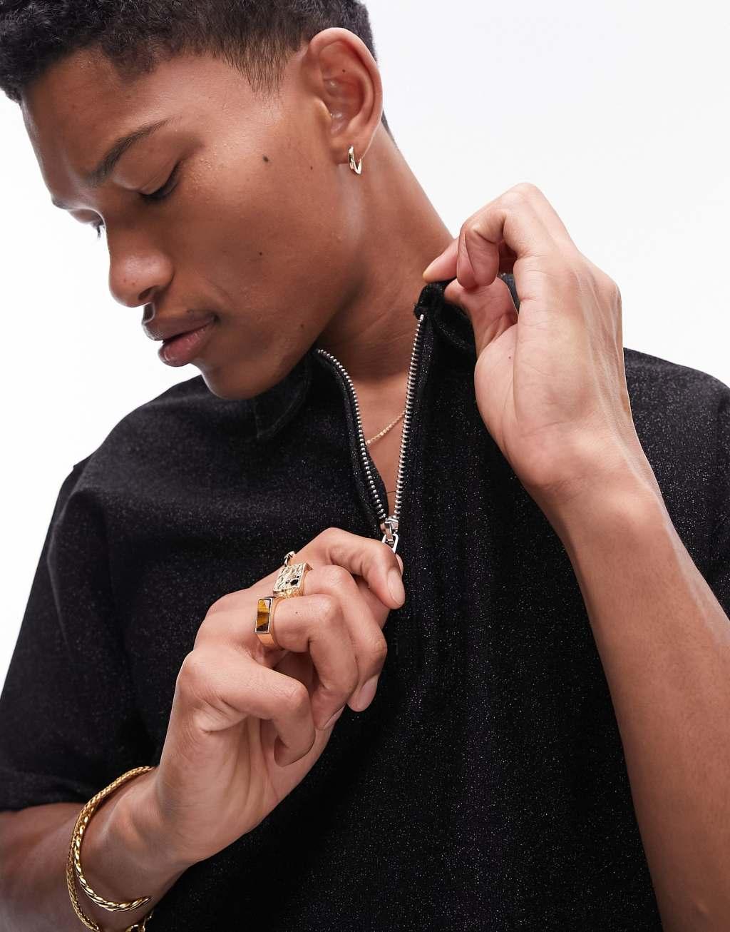 Topman oversized fit polo with glitter in black Product Image