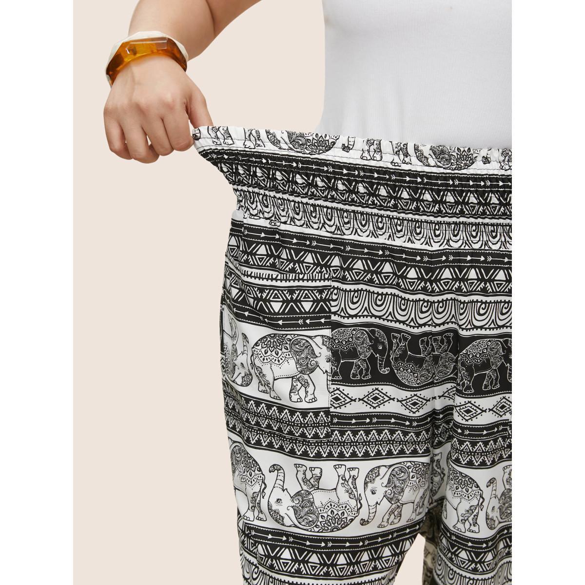 Plus Size Bandana Shirred Elastic Waist Patched Pocket Pants Women Black Resort Loose High Rise Vacation Pants BloomChic 12/L Product Image