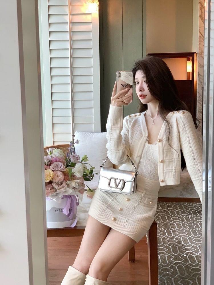 Set: V-Neck Plain Cardigan + High Rise Button Knit Mini Pencil Skirt Product Image